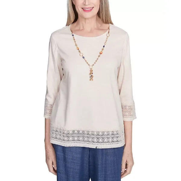 Alfred Dunner Petite Summer Solstice Lace-Trim Knit Top, Oatmeal