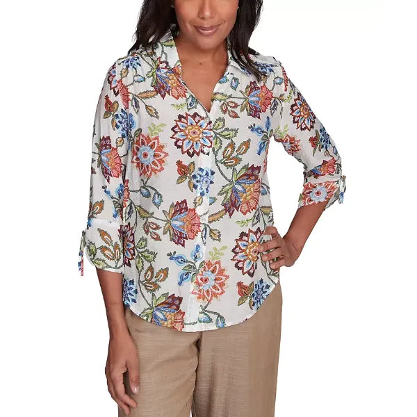 Alfred Dunner Petite Floral-Print Tie-Sleeve Shirt , Muneutr