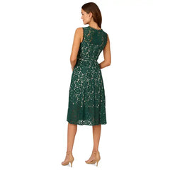 Adrianna Papell Womens Sleeveless Lace Midi Dress, Elegant Special Occasion or Evening Outfit