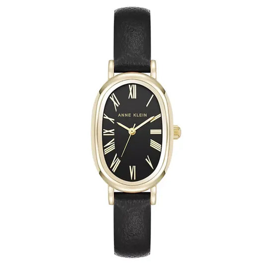 Anne Klein Womens Quartz Oval Black Polyurethane Leather and Gold Tone Metal Alloy Watch, 23mm
