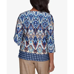 Alfred Dunner Women's Summer Solstice Ikat Diamond Border Square Neck Top, Navy Multi