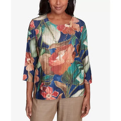 Alfred Dunner Women's Summer Solstice Dramatic Summer Floral Crew Neck Top, Navy Multi