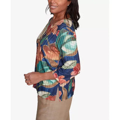 Alfred Dunner Women's Summer Solstice Dramatic Summer Floral Crew Neck Top, Navy Multi
