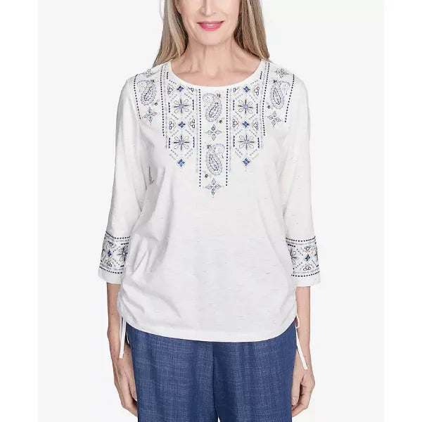 Alfred Dunner Women's Summer Solstice Linear Embroidered Tie Sleeve Top, Linen