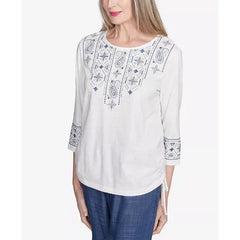 Alfred Dunner Women's Summer Solstice Linear Embroidered Tie Sleeve Top, Linen