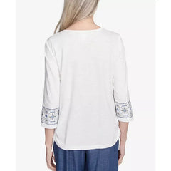 Alfred Dunner Women's Summer Solstice Linear Embroidered Tie Sleeve Top, Linen