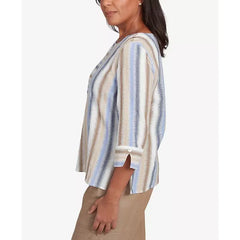 Alfred Dunner Women's Summer Solstice Spliced Stripe Button Shoulder Top, Neutral Multi