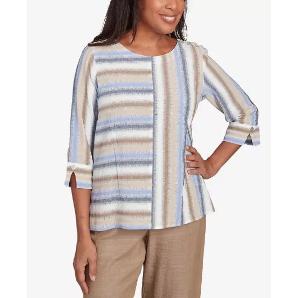 Alfred Dunner Women's Summer Solstice Spliced Stripe Button Shoulder Top, Neutral Multi