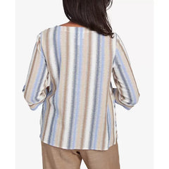 Alfred Dunner Women's Summer Solstice Spliced Stripe Button Shoulder Top, Neutral Multi