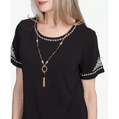Alfred Dunner Women's Natural Instinct Embroidered Border Crew Neck T-Shirt, Onyx