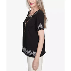 Alfred Dunner Women's Natural Instinct Embroidered Border Crew Neck T-Shirt, Onyx