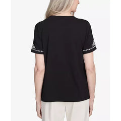 Alfred Dunner Women's Natural Instinct Embroidered Border Crew Neck T-Shirt, Onyx