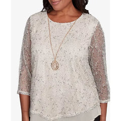 Alfred Dunner Women's Natural Instinct Popcorn Mesh Speckled Crew Neck Top, Tan