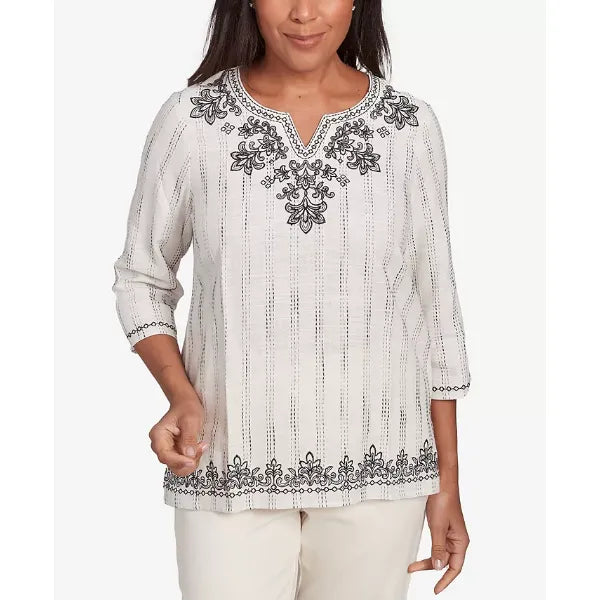 Alfred Dunner Women's Natural Instinct Textured Medallion Embroidered Top, Black Multi