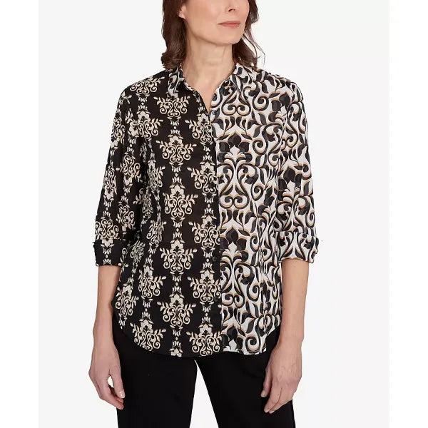 Alfred Dunner Women's Natural Instinct Medallion Twin Print Button Front Top, Black Multi