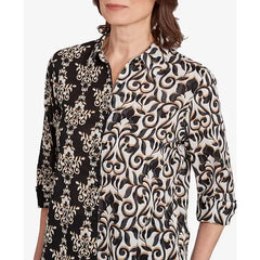 Alfred Dunner Women's Natural Instinct Medallion Twin Print Button Front Top, Black Multi