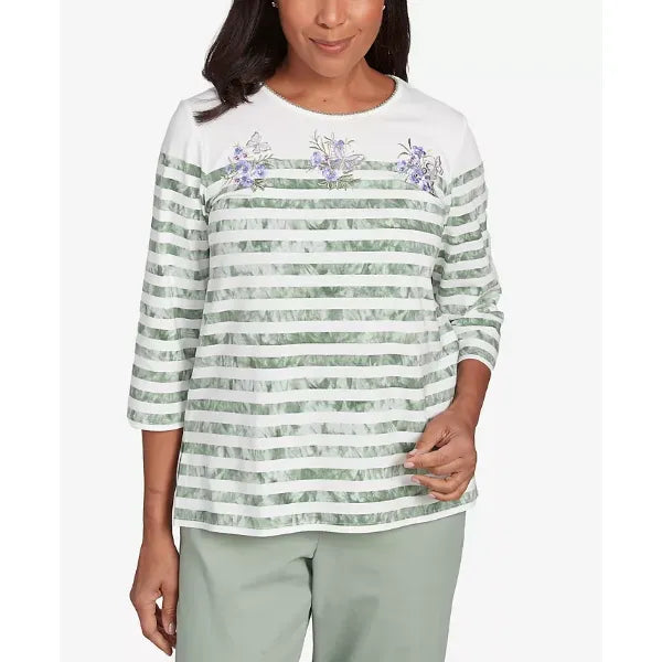 Alfred Dunner Women's Santa Fe Tie Dye Stripe Embroidered Crew Neck Top, Aloe