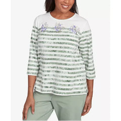 Alfred Dunner Women's Santa Fe Tie Dye Stripe Embroidered Crew Neck Top, Aloe