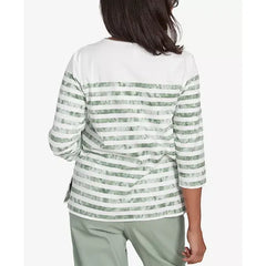 Alfred Dunner Women's Santa Fe Tie Dye Stripe Embroidered Crew Neck Top, Aloe