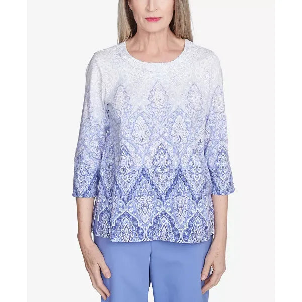 Alfred Dunner Women's Santa Fe Ombre Medallion Printed Crew Neck Top, Iris