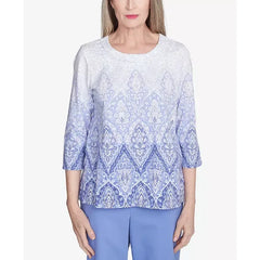 Alfred Dunner Women's Santa Fe Ombre Medallion Printed Crew Neck Top, Iris