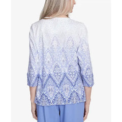 Alfred Dunner Women's Santa Fe Ombre Medallion Printed Crew Neck Top, Iris