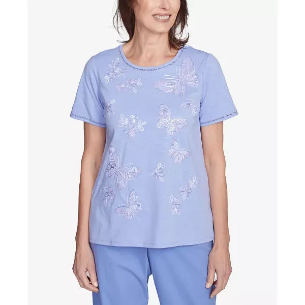Alfred Dunner Women's Santa Fe Butterfly Embroidered Crew Neck T-Shirt, Iris