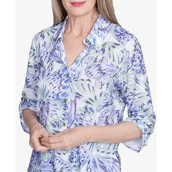 Alfred Dunner Women's Santa Fe Abstract Butterfly Button Front Top, Iris Multi