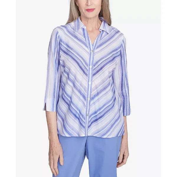 Alfred Dunner Women's Santa Fe Mitered Iris Stripe Button Down Top, Iris