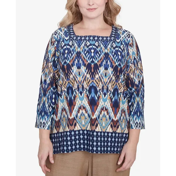 Alfred Dunner Plus Size Summer Solstice Ikat Diamond Border Square Neck Top, Navy Multi
