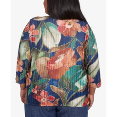 Alfred Dunner Plus Size Summer Solstice Dramatic Summer Floral Top with Necklace, Navy Multi