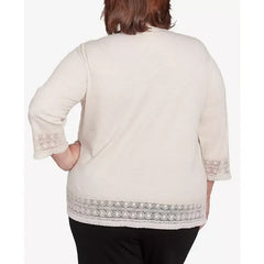Alfred Dunner Plus Size Summer Solstice Lace Trimmed Knit Top with Necklace, Oatmeal