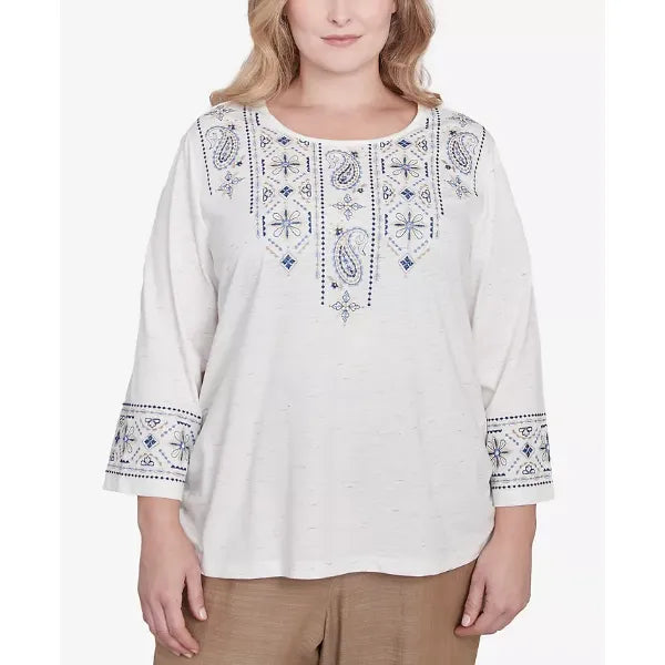 Alfred Dunner Plus Size Summer Solstice Linear Embroidered Tie Sleeve Top, Linen