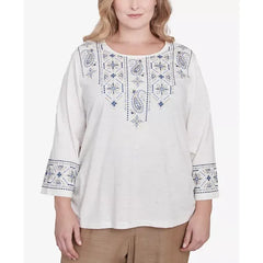 Alfred Dunner Plus Size Summer Solstice Linear Embroidered Tie Sleeve Top, Linen