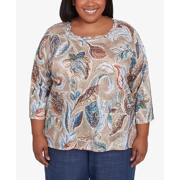 Alfred Dunner Plus Size Summer Solstice Twisted Crew Neck Paisley Top, Neutral