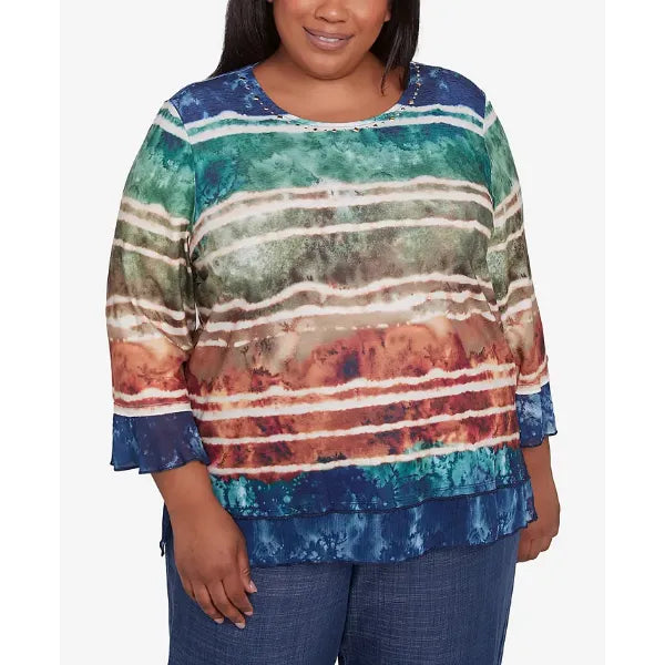 Alfred Dunner Plus Size Summer Solstice Tie Dye Striped Biadere Crew Neck Top, Navy Multi