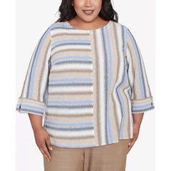Alfred Dunner Plus Size Summer Solstice Spliced Stripe Button Shoulder Crew Neck Top, Neutral Multi