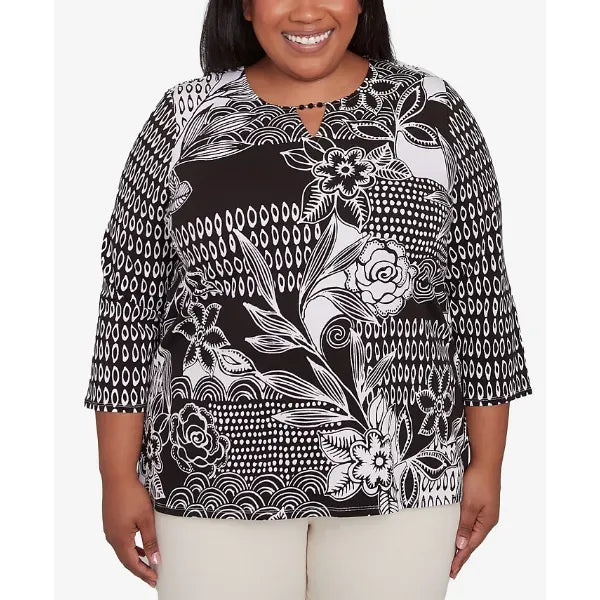 Alfred Dunner Plus Size Natural Instinct Monotone Patch Beaded Split Neck Top, Black Multi