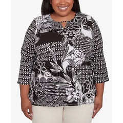 Alfred Dunner Plus Size Natural Instinct Monotone Patch Beaded Split Neck Top, Black Multi