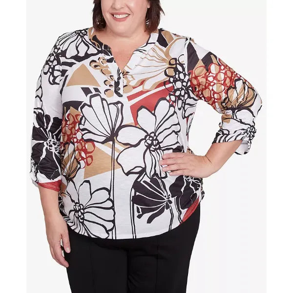 Alfred Dunner Plus Size Natural Instinct Bold Floral Illustrated Henley Top, Neutral Multi