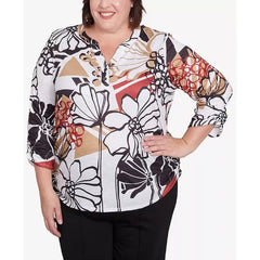 Alfred Dunner Plus Size Natural Instinct Bold Floral Illustrated Henley Top, Neutral Multi