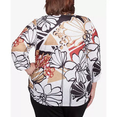 Alfred Dunner Plus Size Natural Instinct Bold Floral Illustrated Henley Top, Neutral Multi
