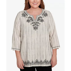 Alfred Dunner Plus Size Natural Instinct Textured Medallion Embroidered Top, Black Multi, Size 2X