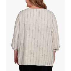Alfred Dunner Plus Size Natural Instinct Textured Medallion Embroidered Top, Black Multi, Size 2X
