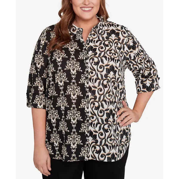 Alfred Dunner Plus Size Natural Instinct Medallion Twin Print Button Front Top , Black Multi