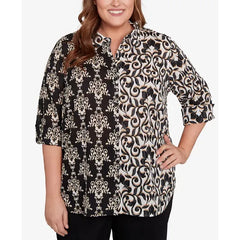 Alfred Dunner Plus Size Natural Instinct Medallion Twin Print Button Front Top , Black Multi