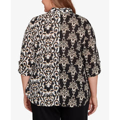 Alfred Dunner Plus Size Natural Instinct Medallion Twin Print Button Front Top , Black Multi