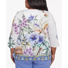 Alfred Dunner Plus Size Santa Fe Tropical Floral Border Top, Aloe Multi