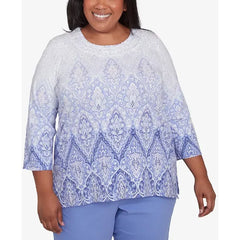 Alfred Dunner Plus Size Santa Fe Ombre Medallion Crew Neck Printed Top, Iris