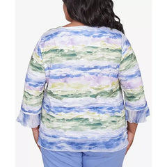 Alfred Dunner Plus Size Santa Fe Watercolor Biadere Striped Crew Neck Top, Iris Multi